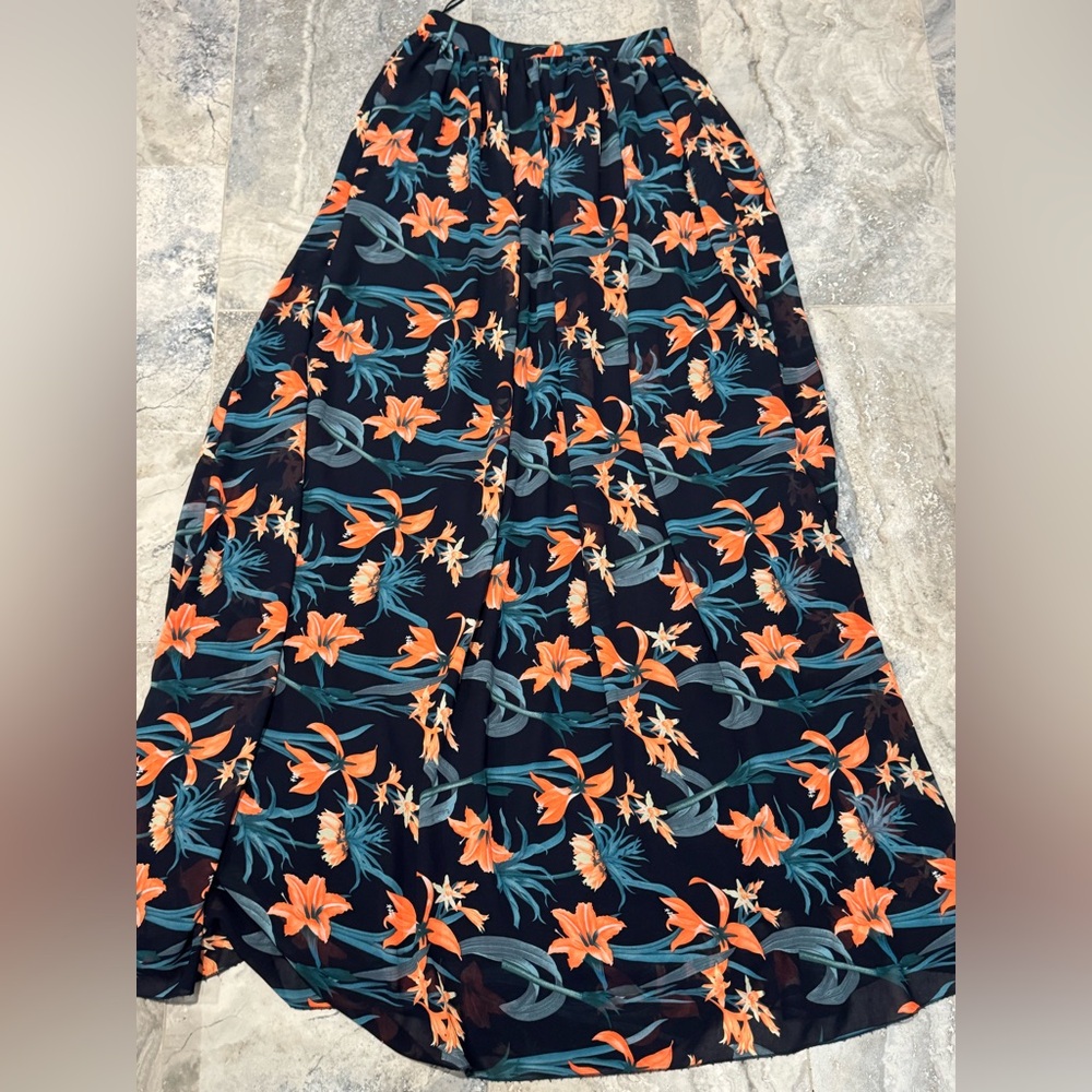 Windsor Navy Maxi Skirt with Orange Floral & Teal Leaves